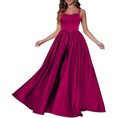 Spaghetti Straps Wedding Ball Gown Appliques Satin Prom Dress