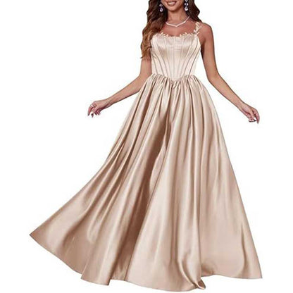 Spaghetti Straps Wedding Ball Gown Appliques Satin Prom Dress