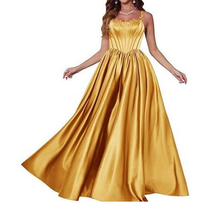 Spaghetti Straps Wedding Ball Gown Appliques Satin Prom Dress