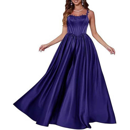 Spaghetti Straps Wedding Ball Gown Appliques Satin Prom Dress
