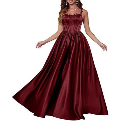 Spaghetti Straps Wedding Ball Gown Appliques Satin Prom Dress