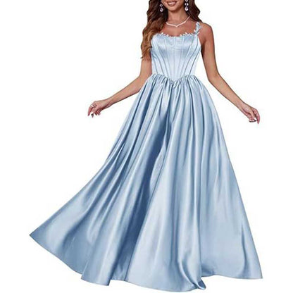 Spaghetti Straps Wedding Ball Gown Appliques Satin Prom Dress