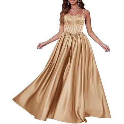 Spaghetti Straps Wedding Ball Gown Appliques Satin Prom Dress