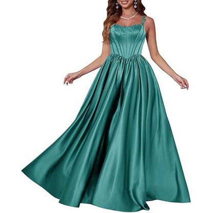 Spaghetti Straps Wedding Ball Gown Appliques Satin Prom Dress