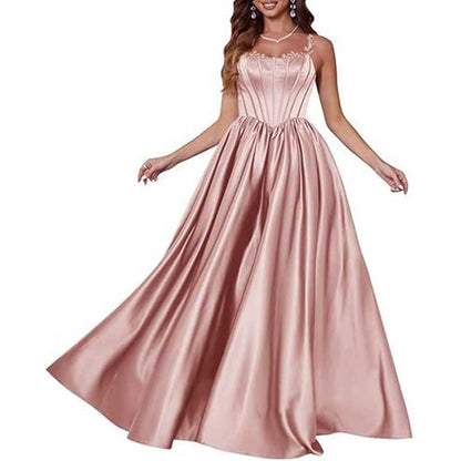 Spaghetti Straps Wedding Ball Gown Appliques Satin Prom Dress