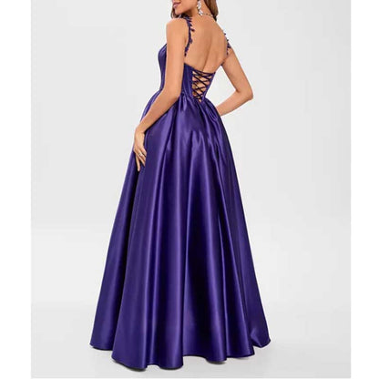 Spaghetti Straps Wedding Ball Gown Appliques Satin Prom Dress