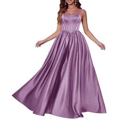 Spaghetti Straps Wedding Ball Gown Appliques Satin Prom Dress