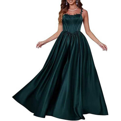 Spaghetti Straps Wedding Ball Gown Appliques Satin Prom Dress