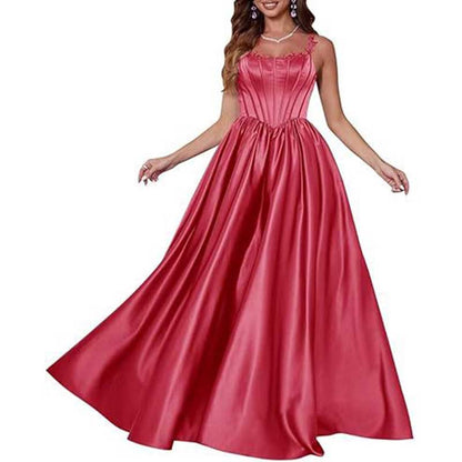 Spaghetti Straps Wedding Ball Gown Appliques Satin Prom Dress