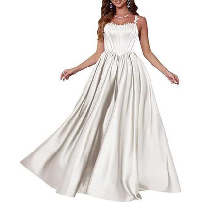 Spaghetti Straps Wedding Ball Gown Appliques Satin Prom Dress