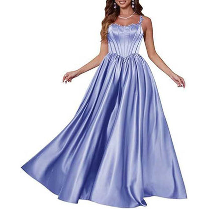 Spaghetti Straps Wedding Ball Gown Appliques Satin Prom Dress