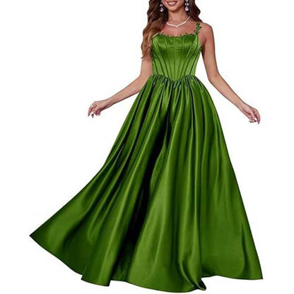 Spaghetti Straps Wedding Ball Gown Appliques Satin Prom Dress