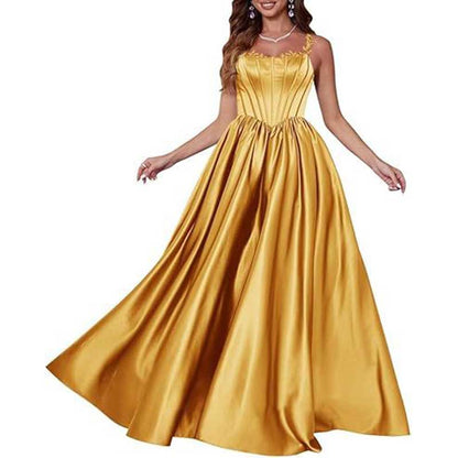 Spaghetti Straps Wedding Ball Gown Appliques Satin Prom Dress