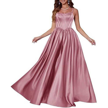 Spaghetti Straps Wedding Ball Gown Appliques Satin Prom Dress