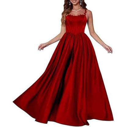 Spaghetti Straps Wedding Ball Gown Appliques Satin Prom Dress