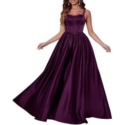 Spaghetti Straps Wedding Ball Gown Appliques Satin Prom Dress