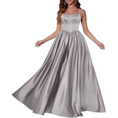 Spaghetti Straps Wedding Ball Gown Appliques Satin Prom Dress