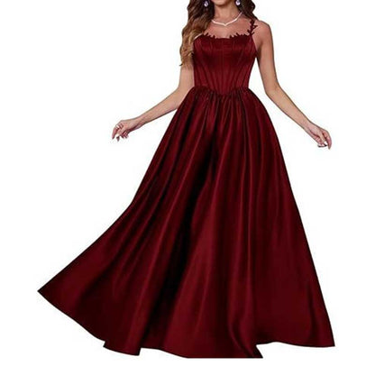 Spaghetti Straps Wedding Ball Gown Appliques Satin Prom Dress