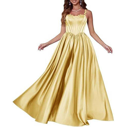 Spaghetti Straps Wedding Ball Gown Appliques Satin Prom Dress