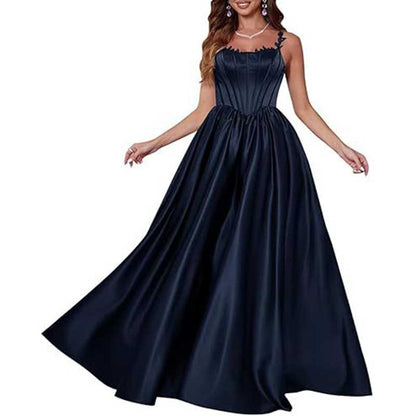 Spaghetti Straps Wedding Ball Gown Appliques Satin Prom Dress