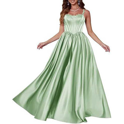 Spaghetti Straps Wedding Ball Gown Appliques Satin Prom Dress
