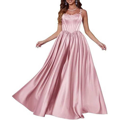 Spaghetti Straps Wedding Ball Gown Appliques Satin Prom Dress