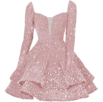Long Sleeve Sequin Prom Dresses Short A Line Mini Event Party Cocktail Gown