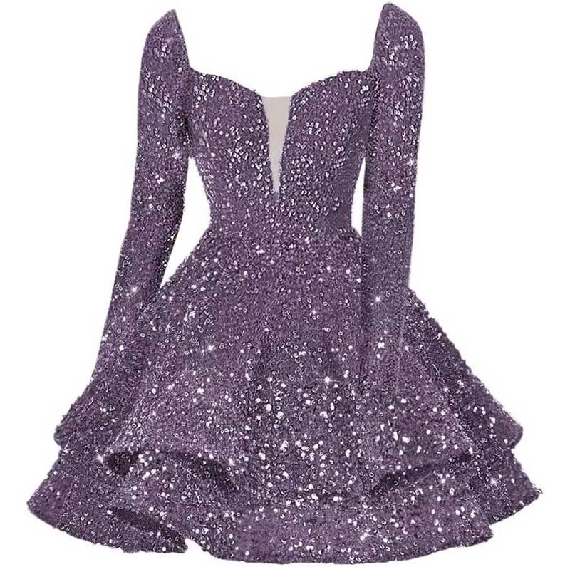 Long Sleeve Sequin Prom Dresses Short A Line Mini Event Party Cocktail Gown