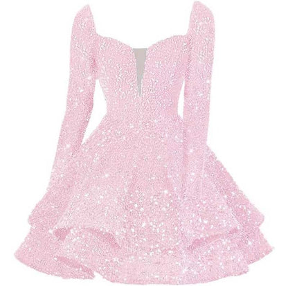 Long Sleeve Sequin Prom Dresses Short A Line Mini Event Party Cocktail Gown