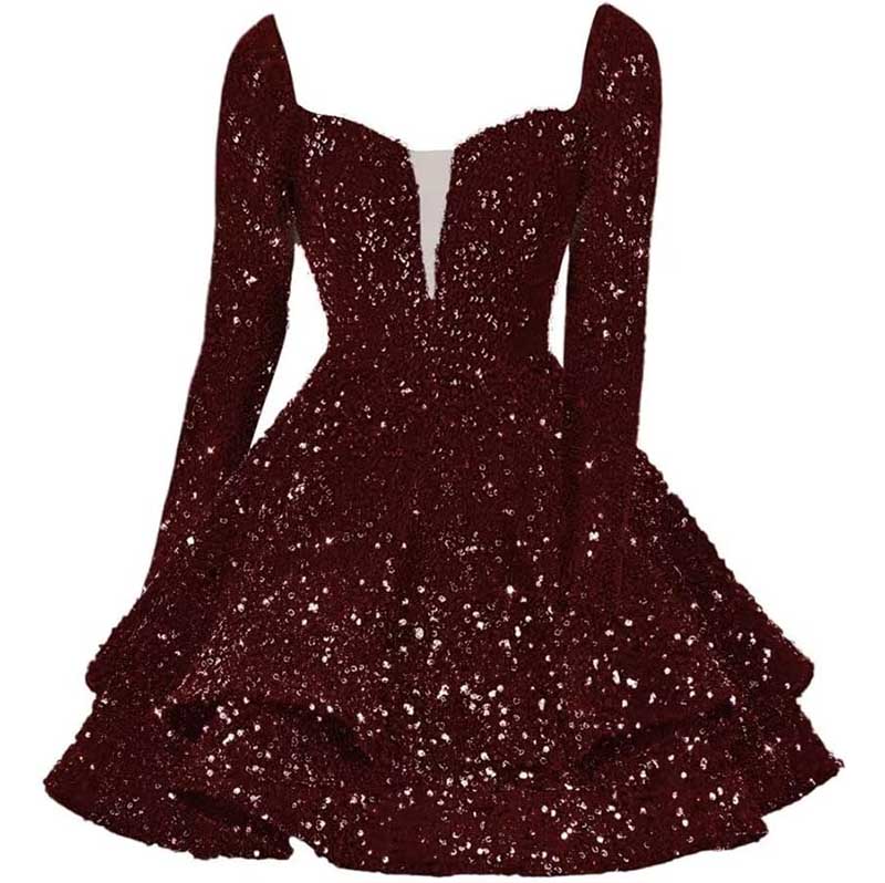 Long Sleeve Sequin Prom Dresses Short A Line Mini Event Party Cocktail Gown