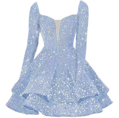 Long Sleeve Sequin Prom Dresses Short A Line Mini Event Party Cocktail Gown