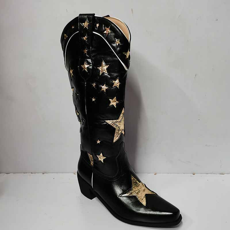 Black star embroidered cowboy boots featuring metallic star details for a stylish western look