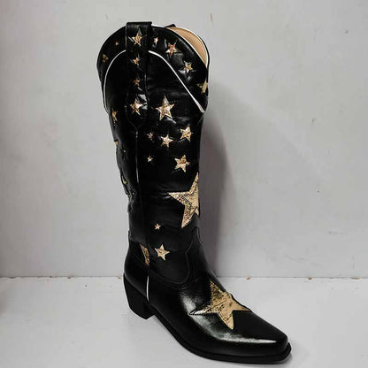 Black star embroidered cowboy boots featuring metallic star details for a stylish western look
