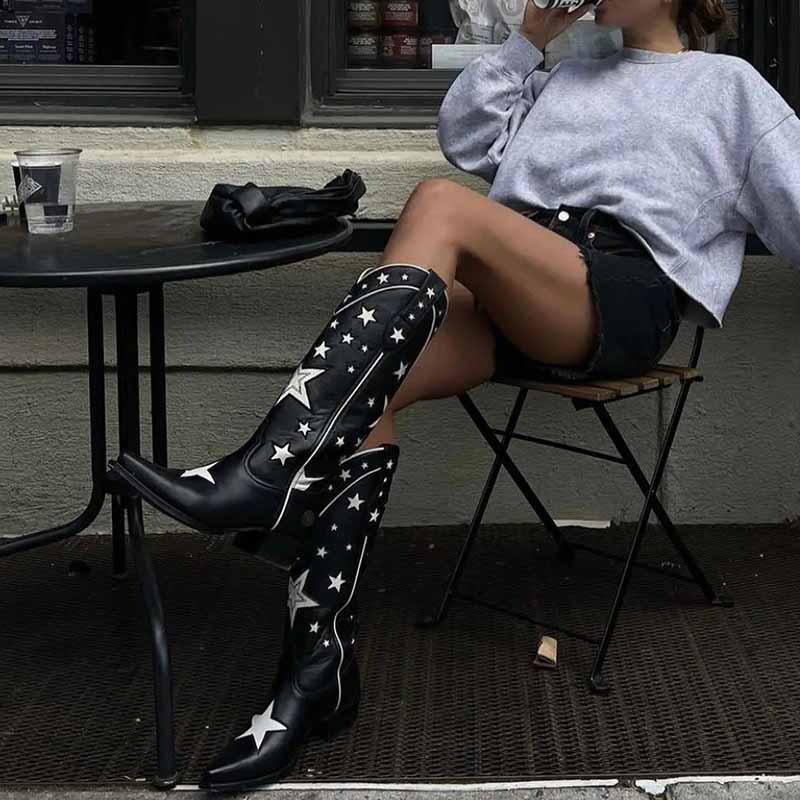 Chic star embroidered cowboy boots with a stylish design, perfect for adding flair to any outfit