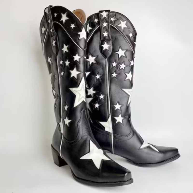 Stylish black star embroidered cowboy boots with striking white star details and a sleek design