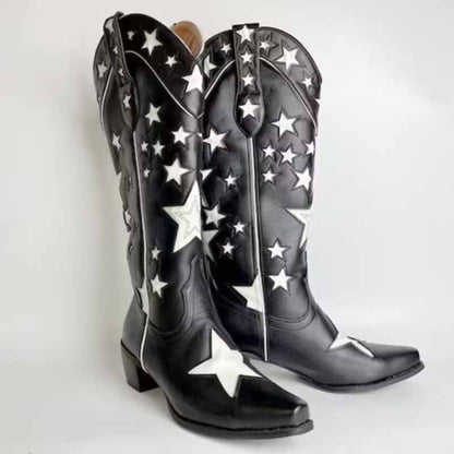 Stylish black star embroidered cowboy boots with striking white star details and a sleek design