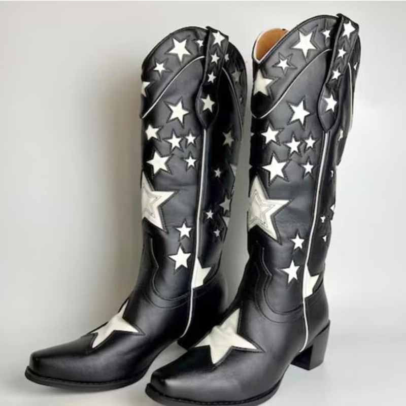 star embroidered cowboy boots in black with white star patterns for a stylish western look