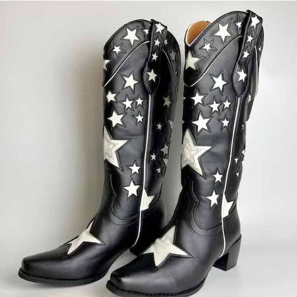 star embroidered cowboy boots in black with white star patterns for a stylish western look