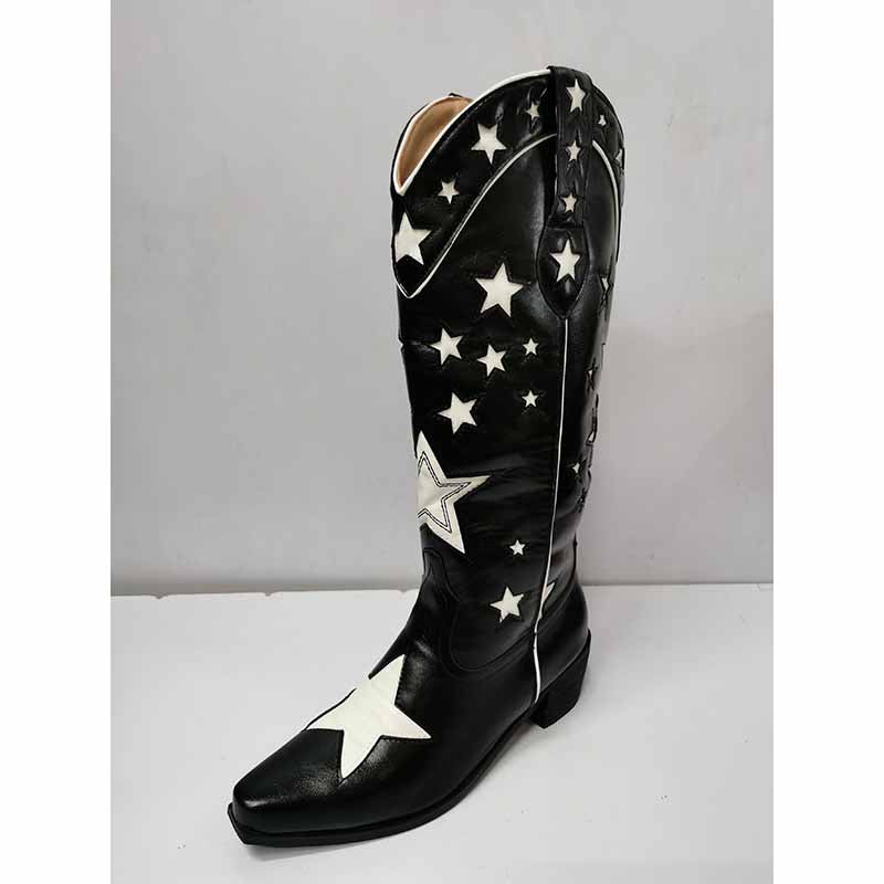Stylish black star embroidered cowboy boots featuring star accents for a trendy look