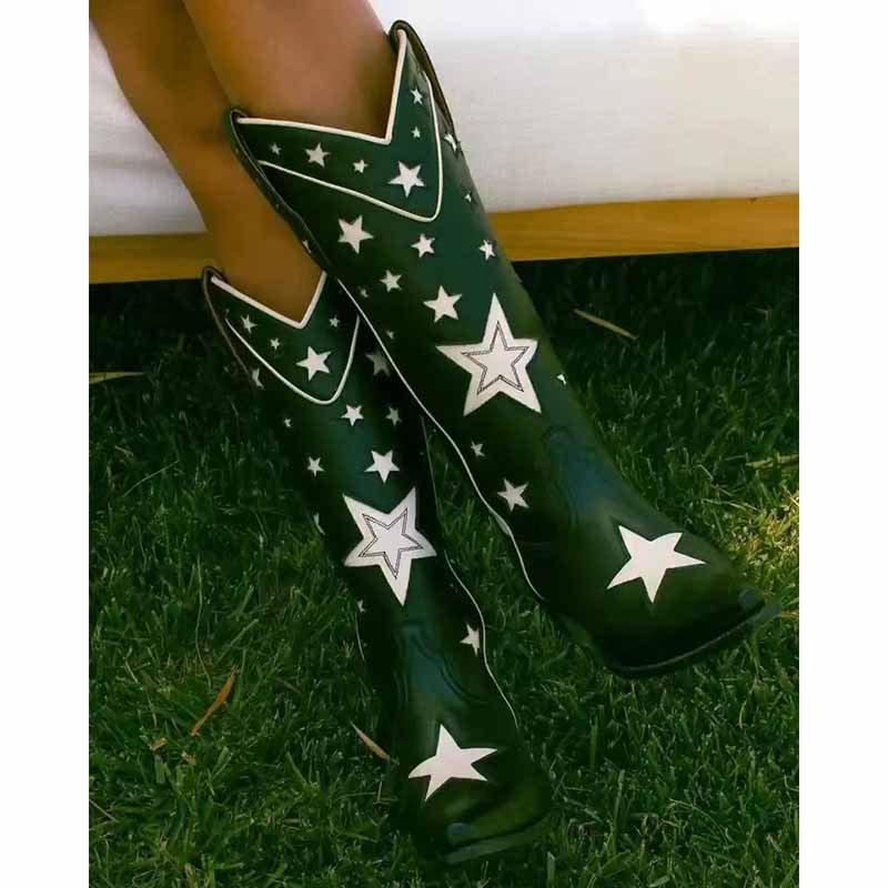 Star embroidered cowboy boots in black with white star detailing for a stylish western look