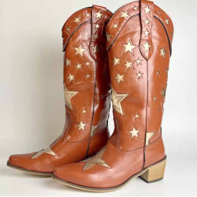 Star embroidered cowboy boots in tan leather with gold star accents for stylish western wear
