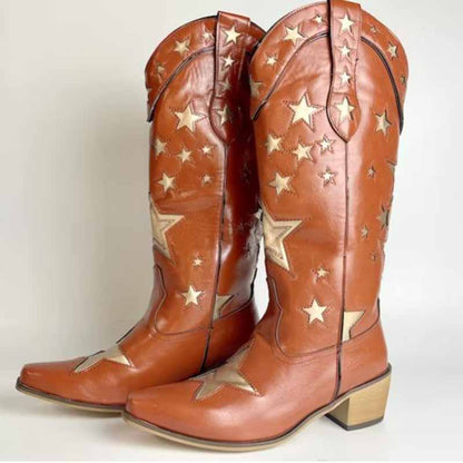 Star embroidered cowboy boots in tan leather with gold star accents for stylish western wear