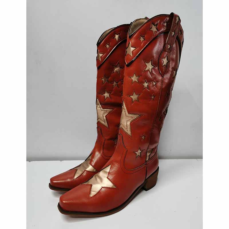 Red star embroidered cowboy boots with gold star accents and stylish design for a bold Western look