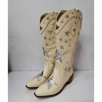 White star embroidered cowboy boots featuring silver star accents and a stylish design