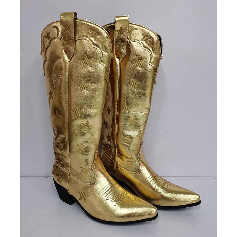 Shiny gold star pattern knee high cowgirl boots with stylish stitching and pointed toes
