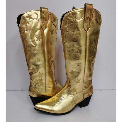 Gold star pattern knee high cowgirl boots with embossed details for a stylish western look