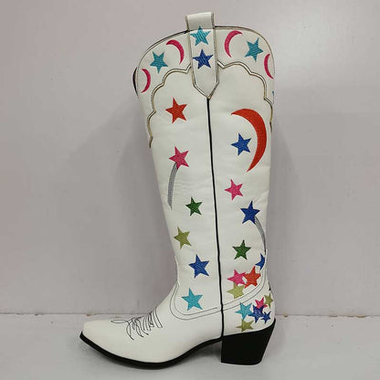 Stylish white star pattern knee high cowgirl boots with colorful star and moon embroidery