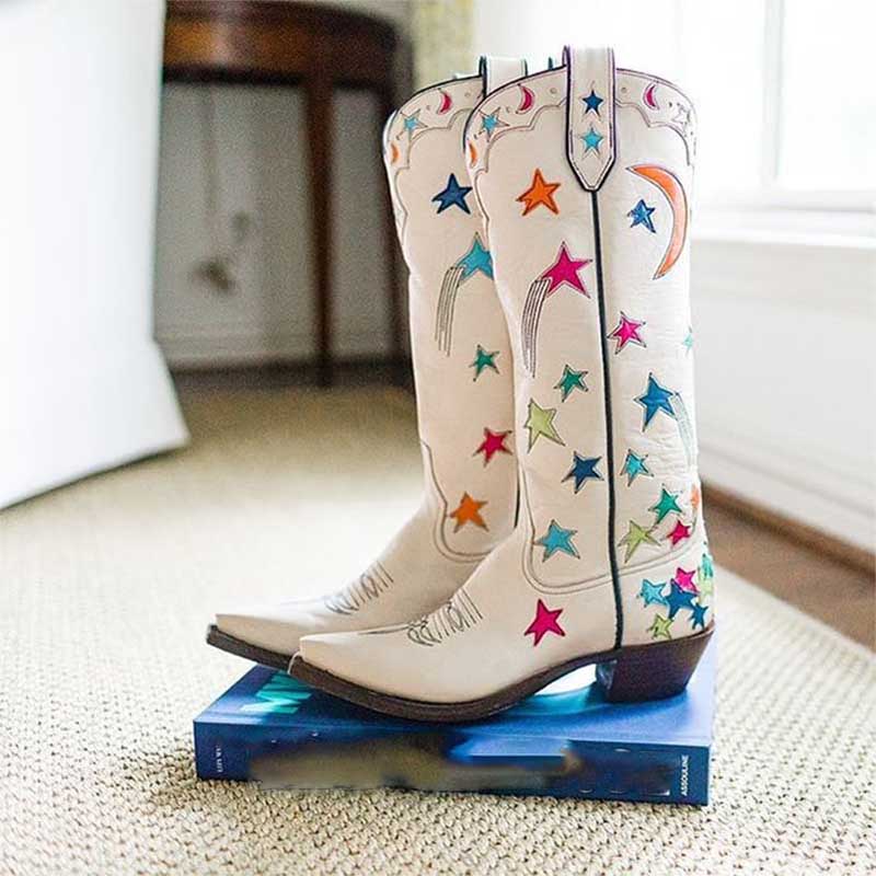 Unique star pattern knee high cowgirl boots with colorful embroidery and stylish design
