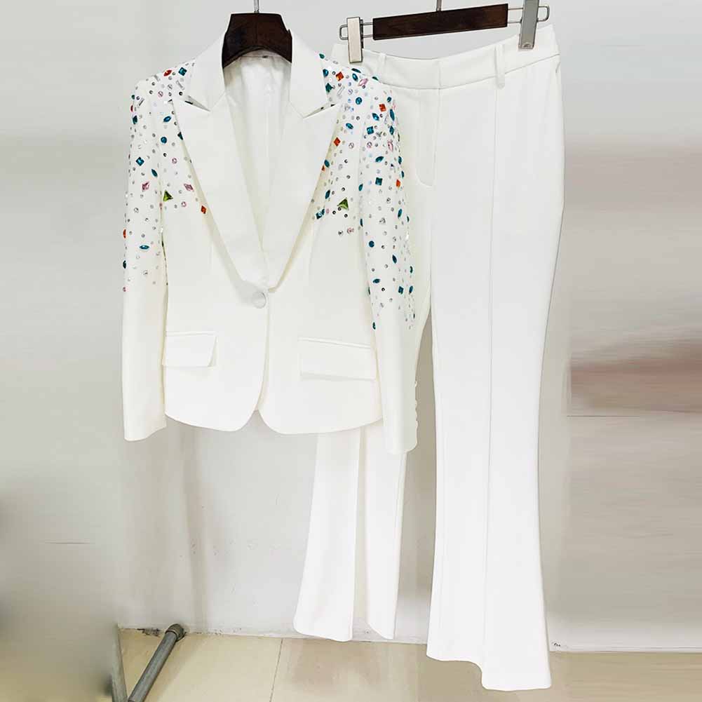 Women Luxury Wedding Suit Nail beaded Blazer + Flare Trousers Suit Pants Suit
