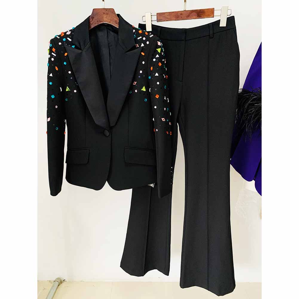 Women Luxury Wedding Suit Nail beaded Blazer + Flare Trousers Suit Pants Suit